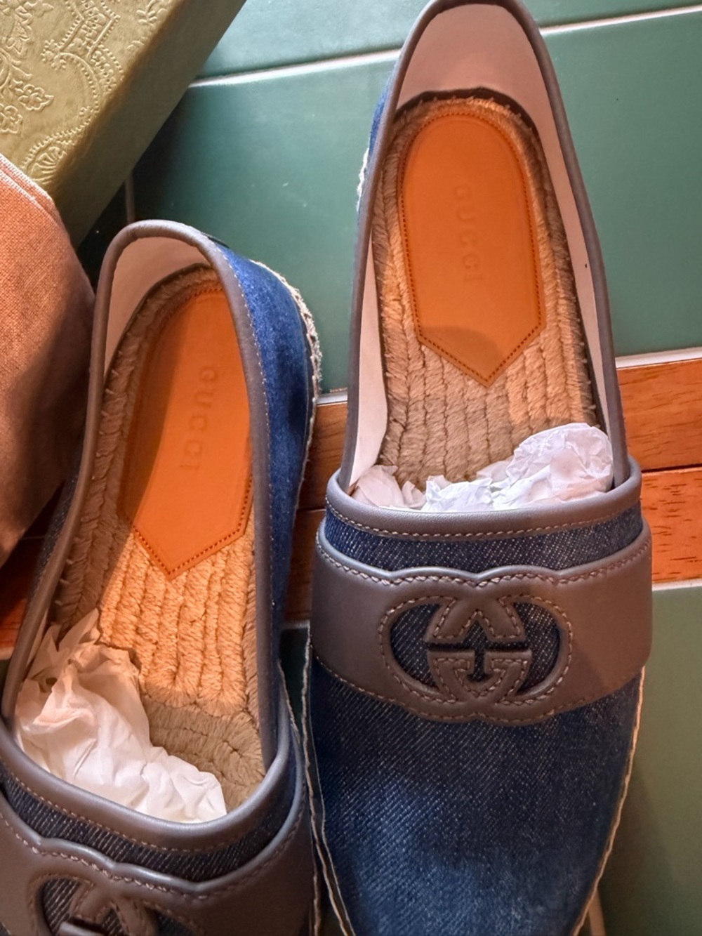 GUCCI Blue Denim Espadrille Slip-Ons with Gray Leather Trim - Picture 6 of 12